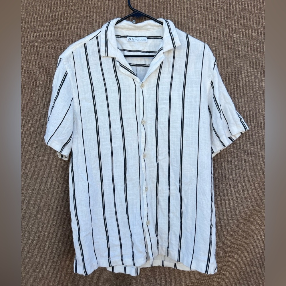 Zara Men’s Linen mix White shirt w Black Stripes Men’s Sz L